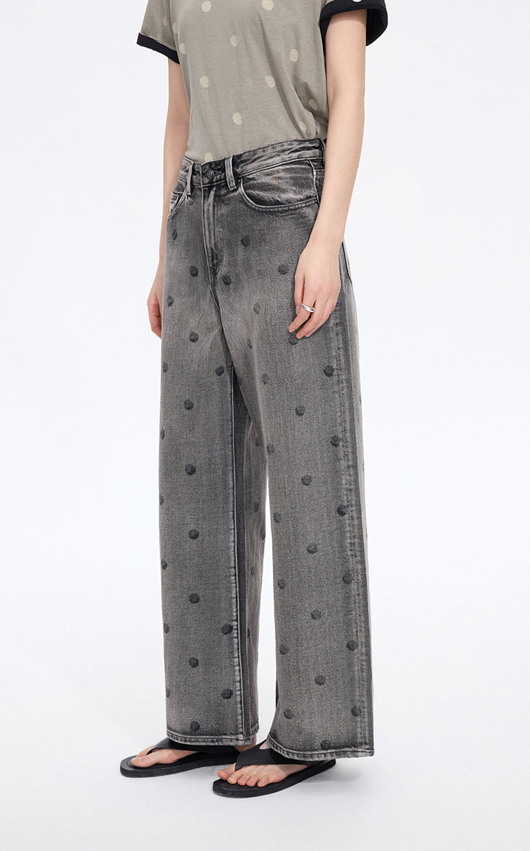 Pants / JNBY Polka-Dot Distressed Wide-Leg Jeans Grey Denim-1