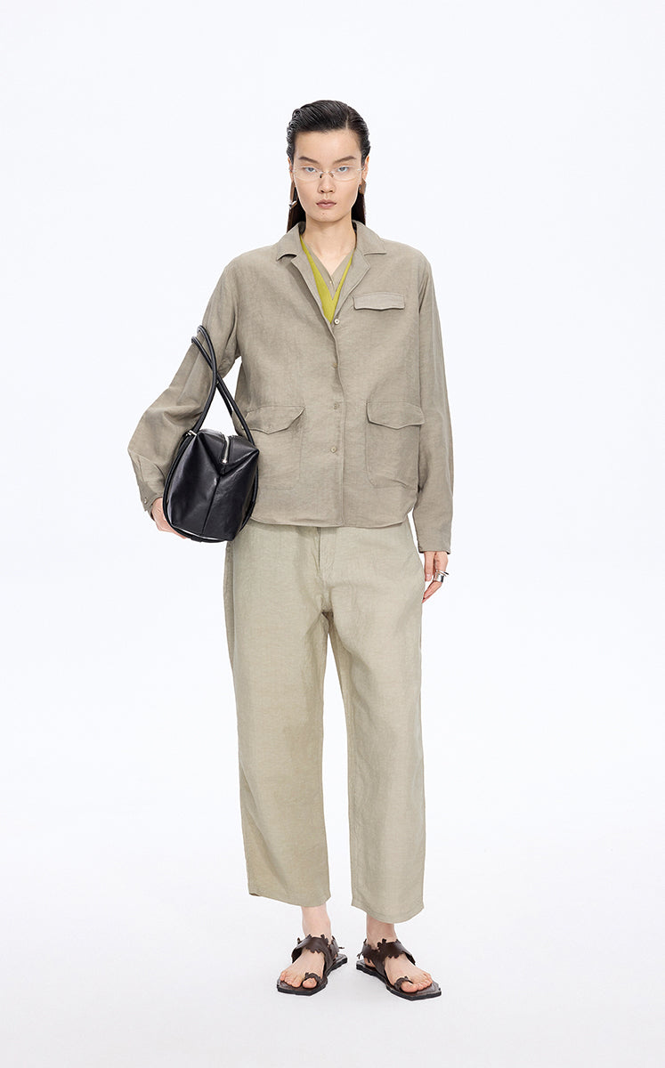 Pants / JNBY Tapered Cropped Linen Blend Pants Light Olive-1