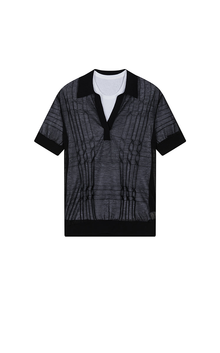 Polo Shirt / JNBY Layered Two-Piece Textured Jacquard Knit Polo Heather Black Assortment-1