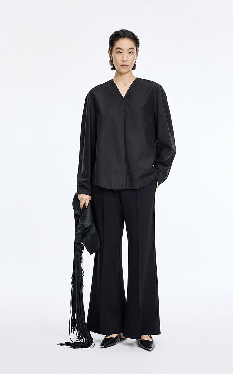 Shirt / JNBY Cotton Silk V-Neck Long Sleeve Top Black