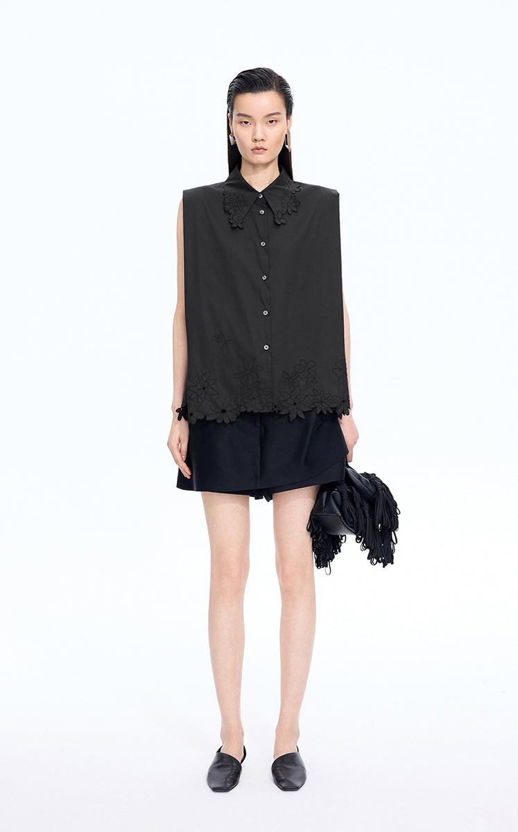 Shirt / JNBY Floral Cutwork Sleeveless Cotton Shirt Black