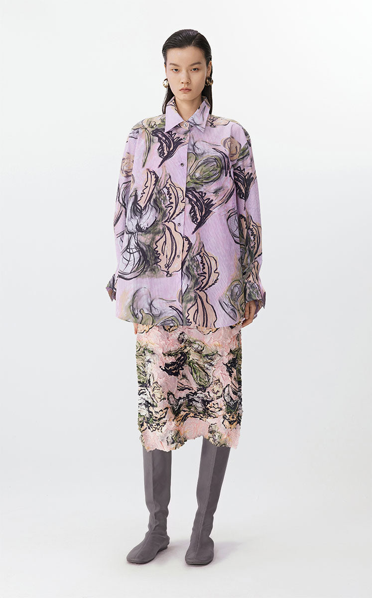 Shirt / JNBY Floral Knot-Draped Corduroy Shirt Pink-Green