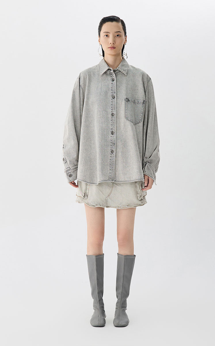 Shirt / JNBY Ruched Oversized Long-Sleeve Shirt Grey