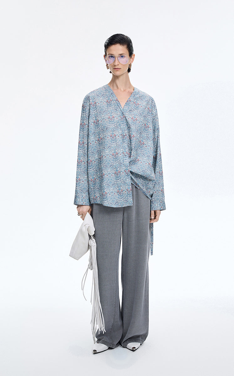 Shirt / JNBY V-neck Liberty Bird Print Cotton Shirt Blue