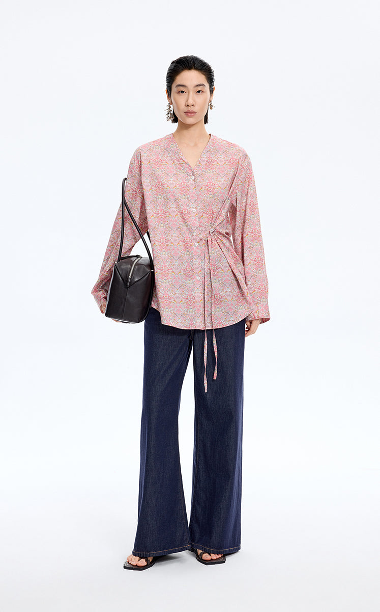 Shirt / JNBY V-neck Liberty Bird Print Cotton Shirt Pink