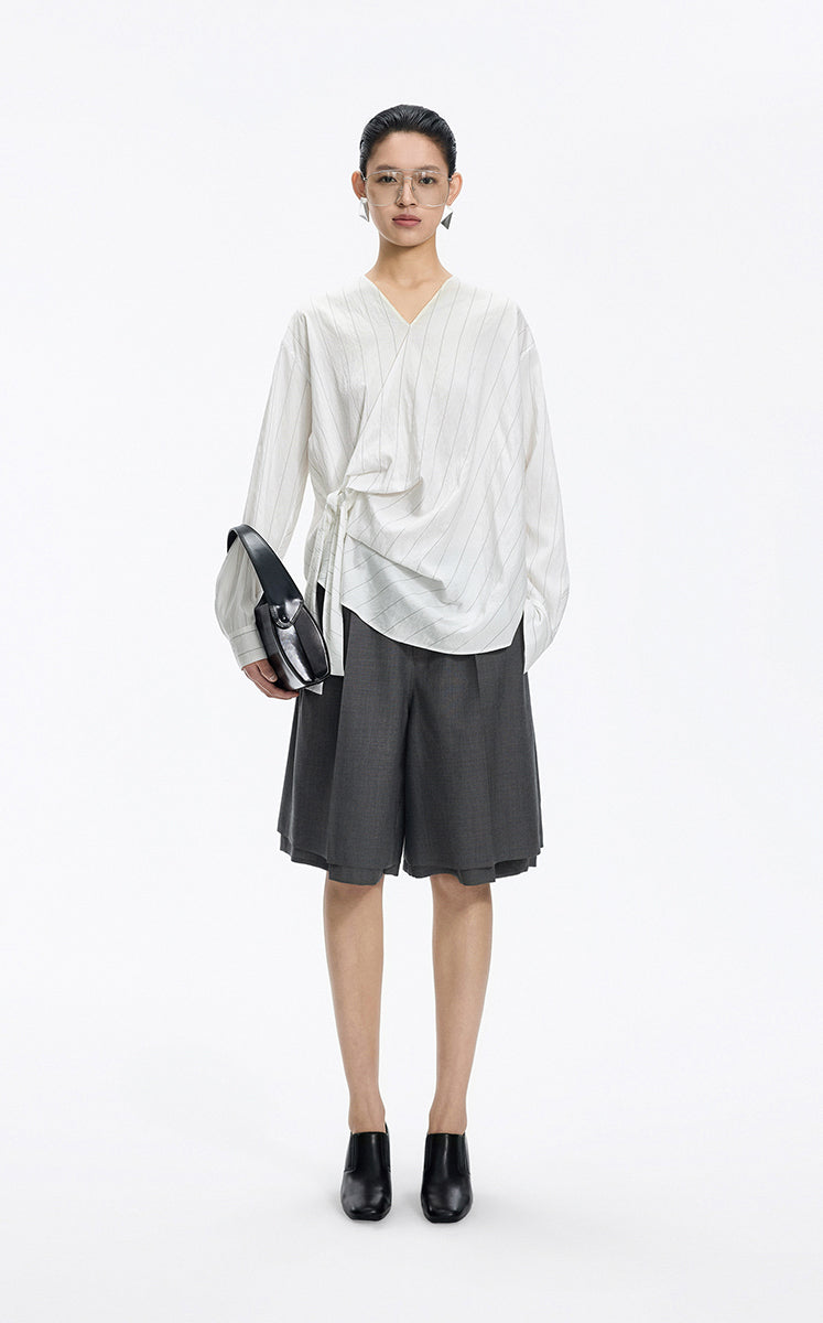 Shirt / JNBY Modal Blend Pleated Hem Oversized Shirt White Base Thin Stripe
