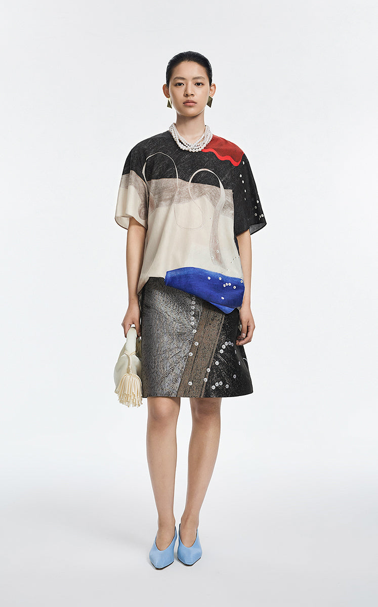 Shirt / JNBY Pearl Print Oversized Short Sleeve Shirt Beige Black Assortment