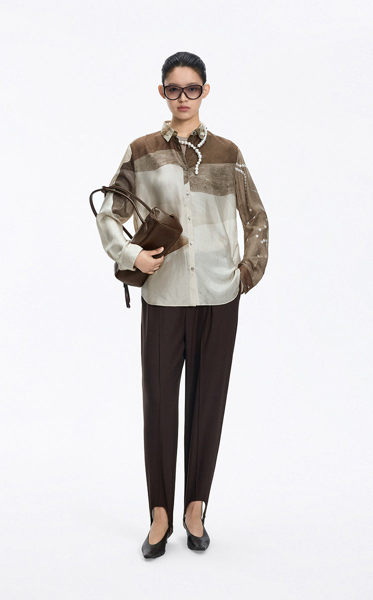 Shirt / JNBY Silk Pearl Print Relaxed Long Sleeve Shirt Beige Khaki Assortment