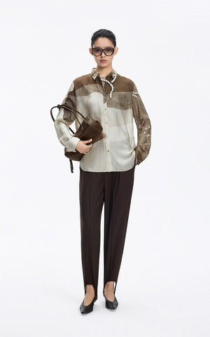 Shirt / JNBY Silk Pearl Print Relaxed Long Sleeve Shirt Beige Khaki Assortment-1