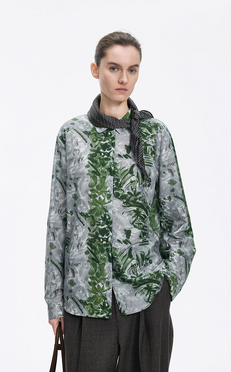 Shirt / JNBY Cotton Silk Oversized Printed Shirt Grey Green Assortment-1