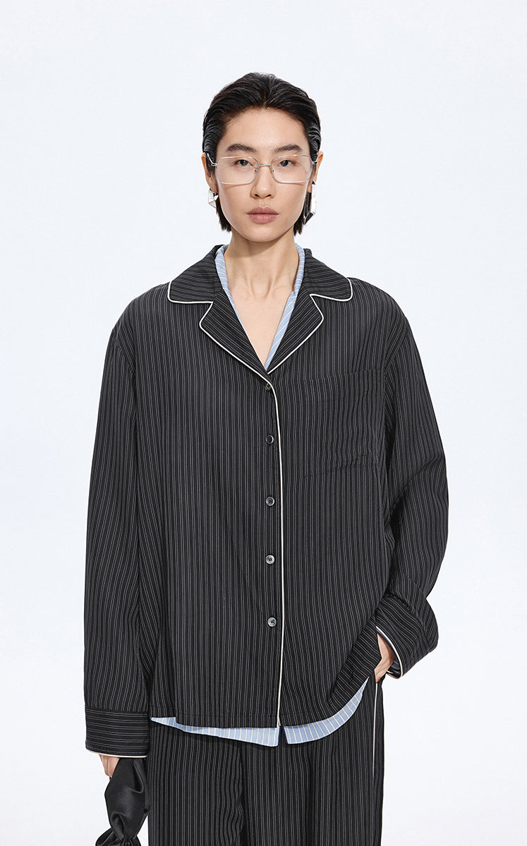 Shirt / JNBY Cupro Relaxed Stripe Shirt Black & White Stripe / Check-3