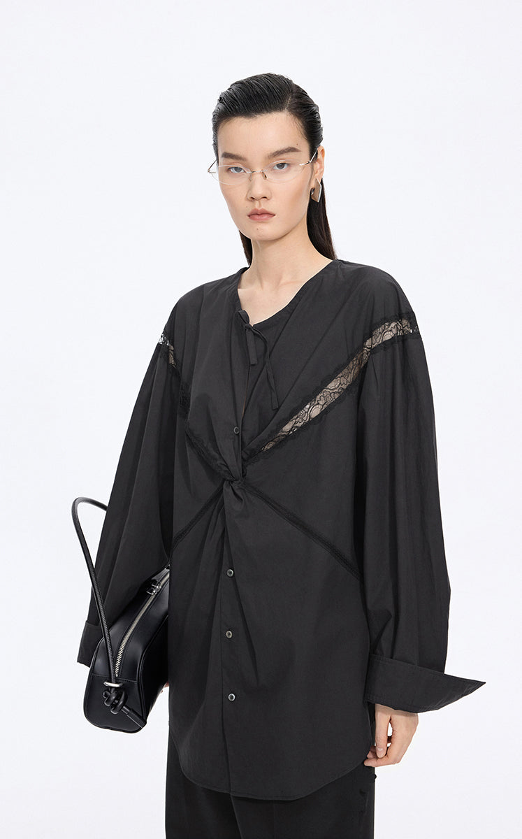 Shirt / JNBY Lace Panel Cotton Relaxed Long Sleeve Shirt Black-2