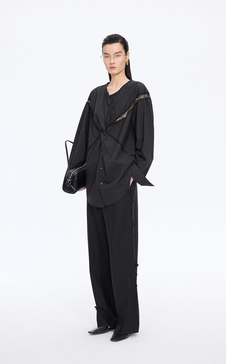 Shirt / JNBY Lace Panel Cotton Relaxed Long Sleeve Shirt Black-2