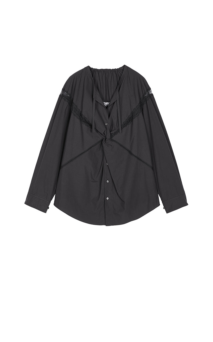 Shirt / JNBY Lace Panel Cotton Relaxed Long Sleeve Shirt Black-2