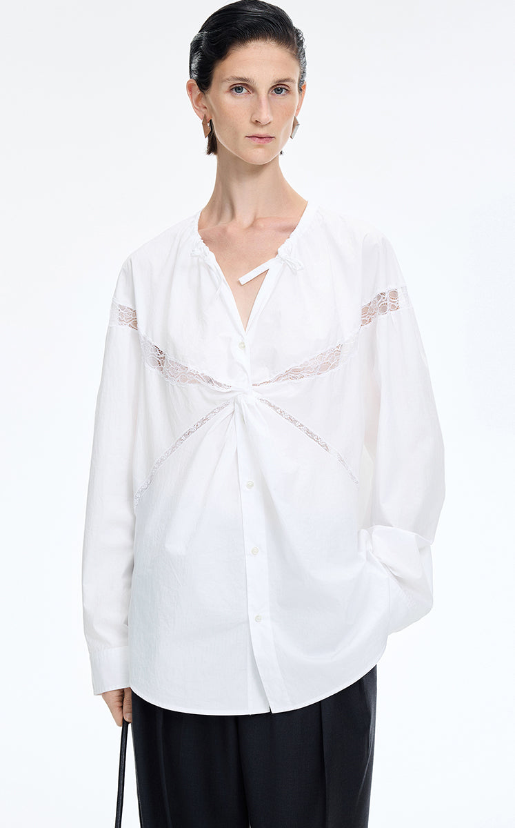 Shirt / JNBY Lace Panel Cotton Relaxed Long Sleeve Shirt Ecru-1