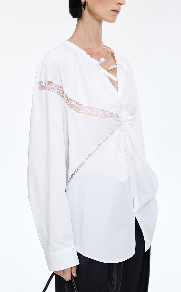 Shirt / JNBY Lace Panel Cotton Relaxed Long Sleeve Shirt Ecru-1