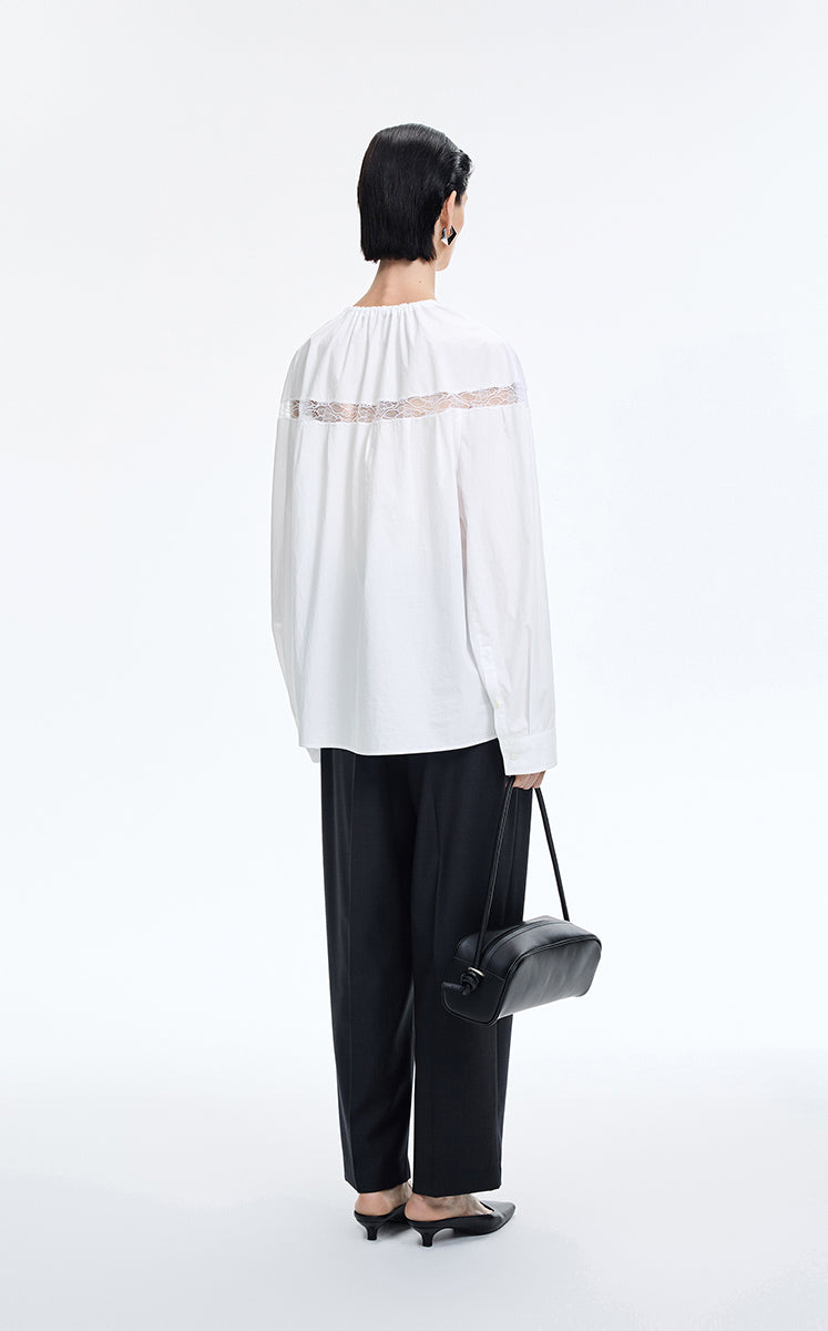 Shirt / JNBY Lace Panel Cotton Relaxed Long Sleeve Shirt Ecru-1