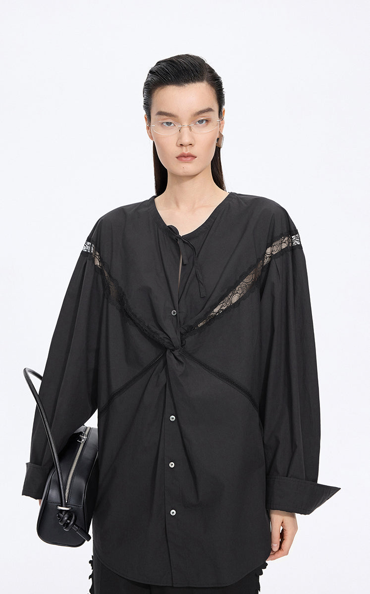 Shirt / JNBY Lace Panel Cotton Relaxed Long Sleeve Shirt Black-2