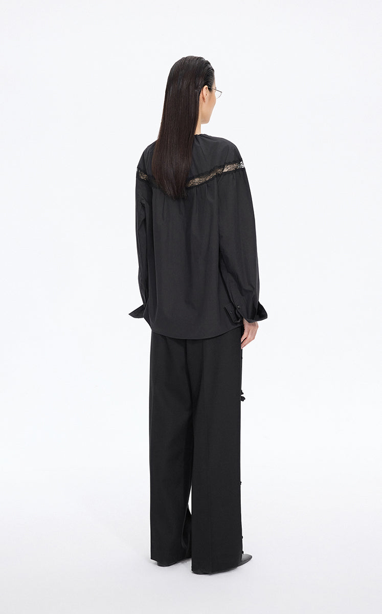 Shirt / JNBY Lace Panel Cotton Relaxed Long Sleeve Shirt Black-2