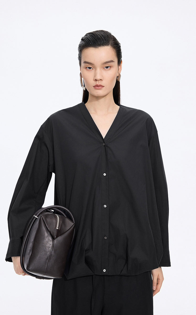 Shirt / JNBY V-Neck Poplin Oversized Shirt Black-3