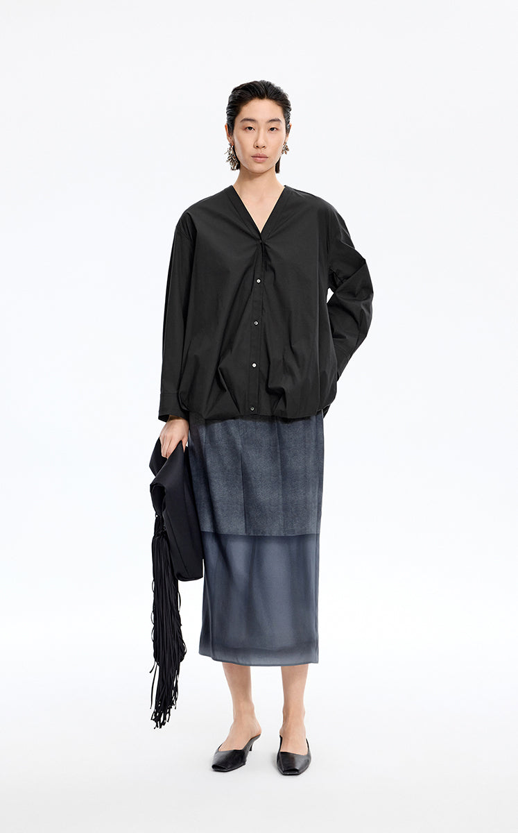Shirt / JNBY V-Neck Poplin Oversized Shirt Black-3