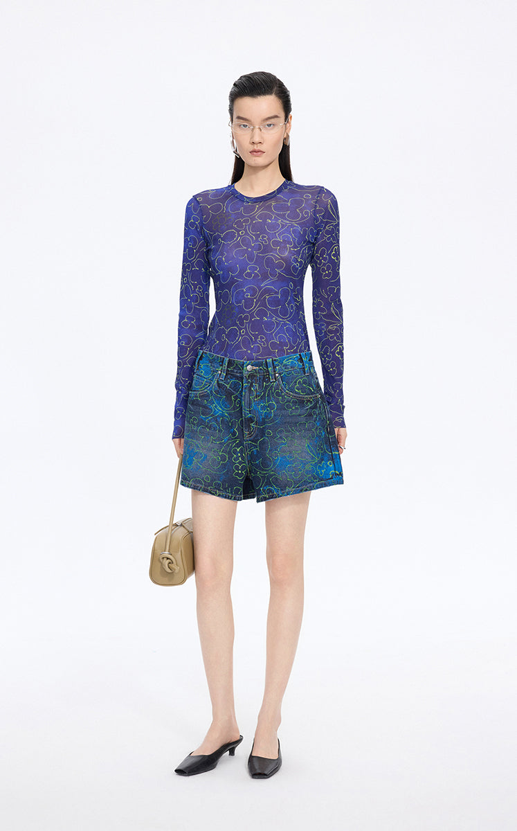 Shorts / JNBY Floral Print Denim Shorts Teal-1