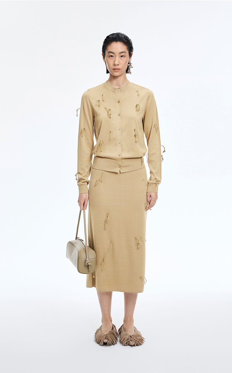 Skirt / JNBY 3D Floral Tassels Silk Blend Mid-Length Skirt