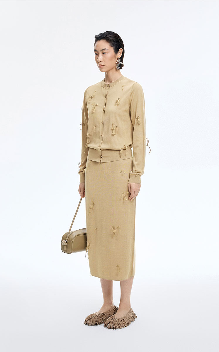 Skirt / JNBY 3D Floral Tassels Silk Blend Mid-Length Skirt