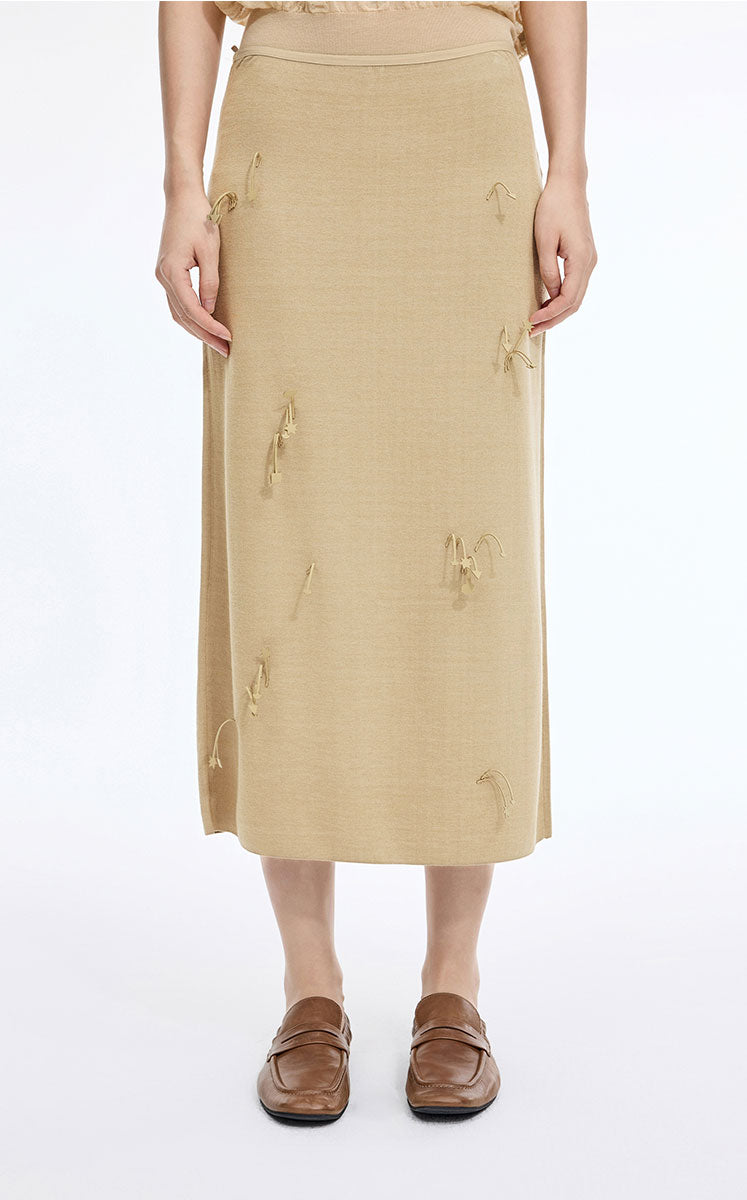 Skirt / JNBY 3D Floral Tassels Silk Blend Mid-Length Skirt Mid Kahaki