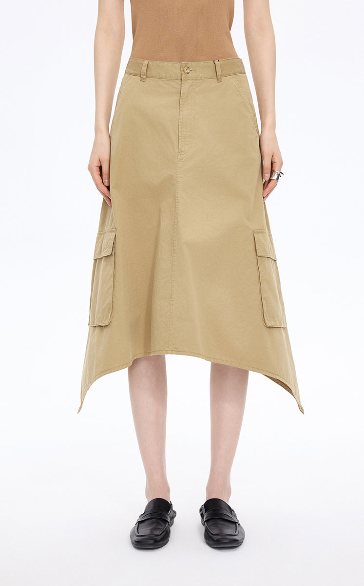 Skirt / JNBY Asymmetric Cotton Mid-Length Skirt Khaki