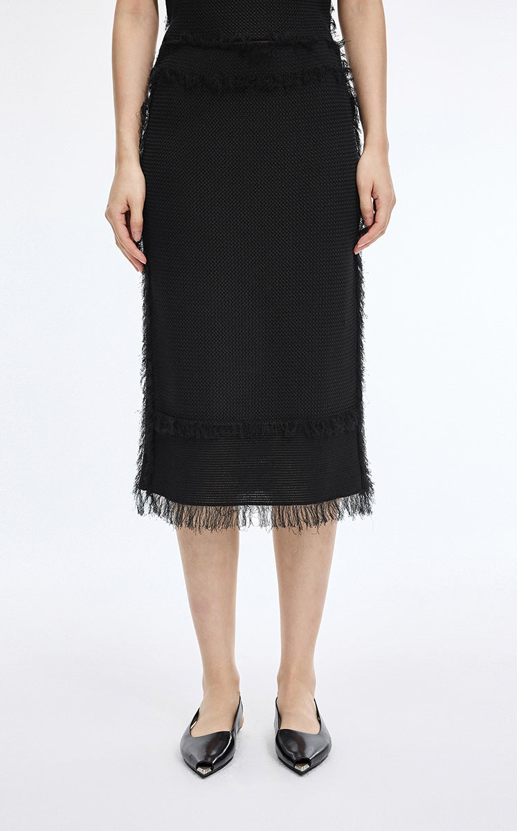 Skirt / JNBY Cotton Knit Fringe Midi Skirt Black