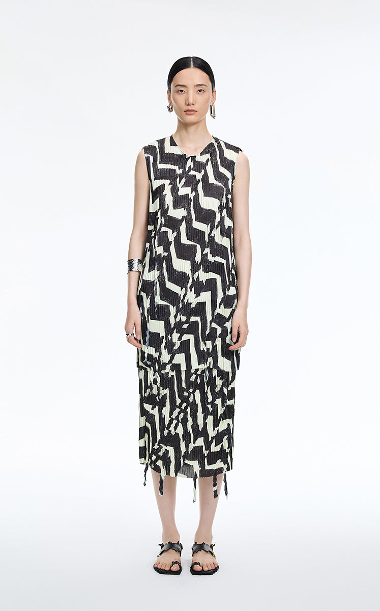 Skirt / JNBY Deformed Stripe Pleated Midi Skirt Yellow & Black