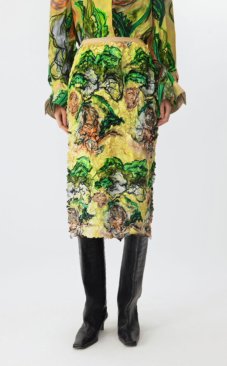 Skirt / JNBY Floral Pleated Midi Skirt Yellow-Black