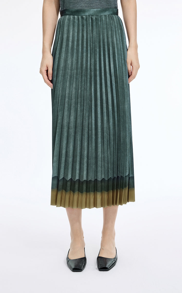 Skirt / JNBY Pleated A-Line Long Skirt with Wave Hem Green