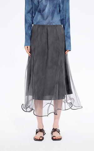 Skirt / JNBY Printed A-Line Ruffled Hem Skirt Black Grey