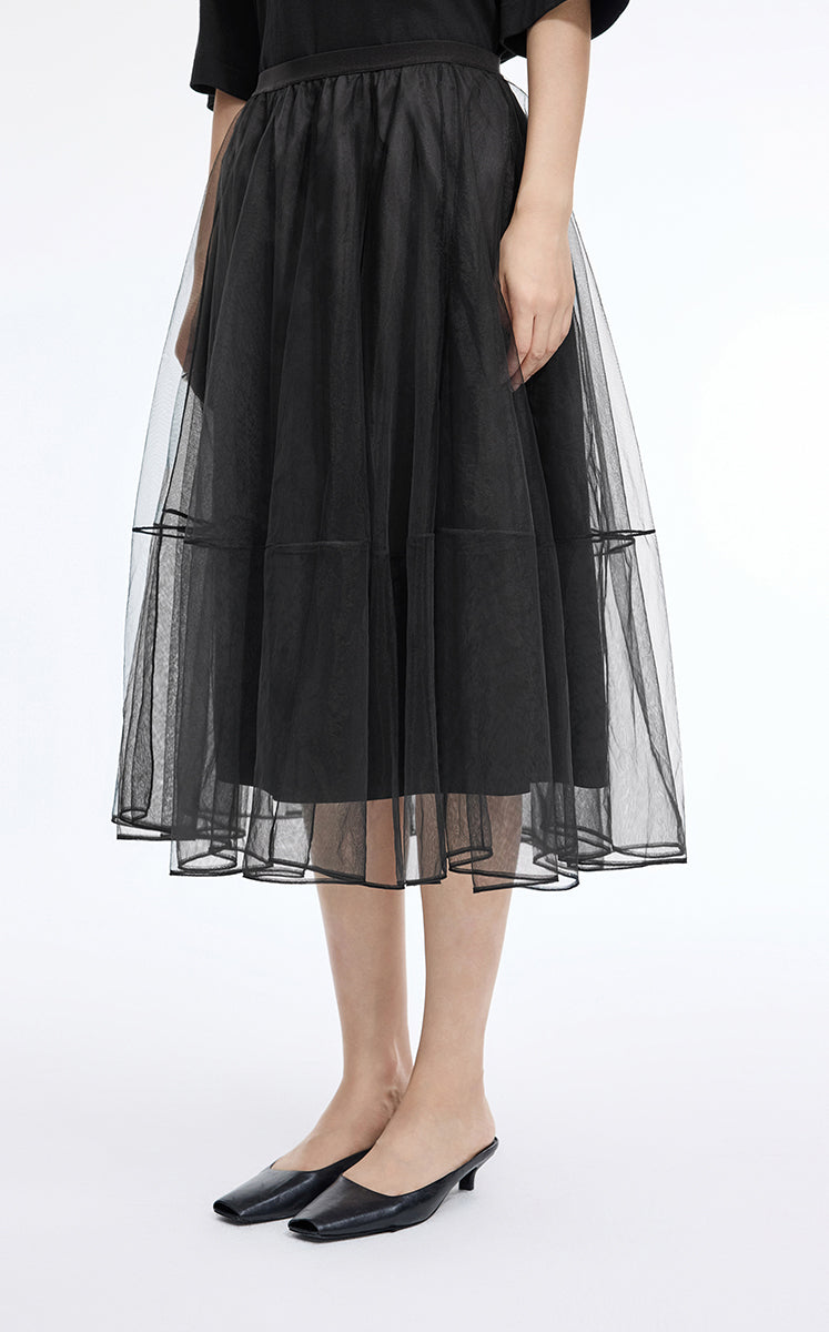 Skirt / JNBY Sheer A-Line Midi Tulle Skirt Black