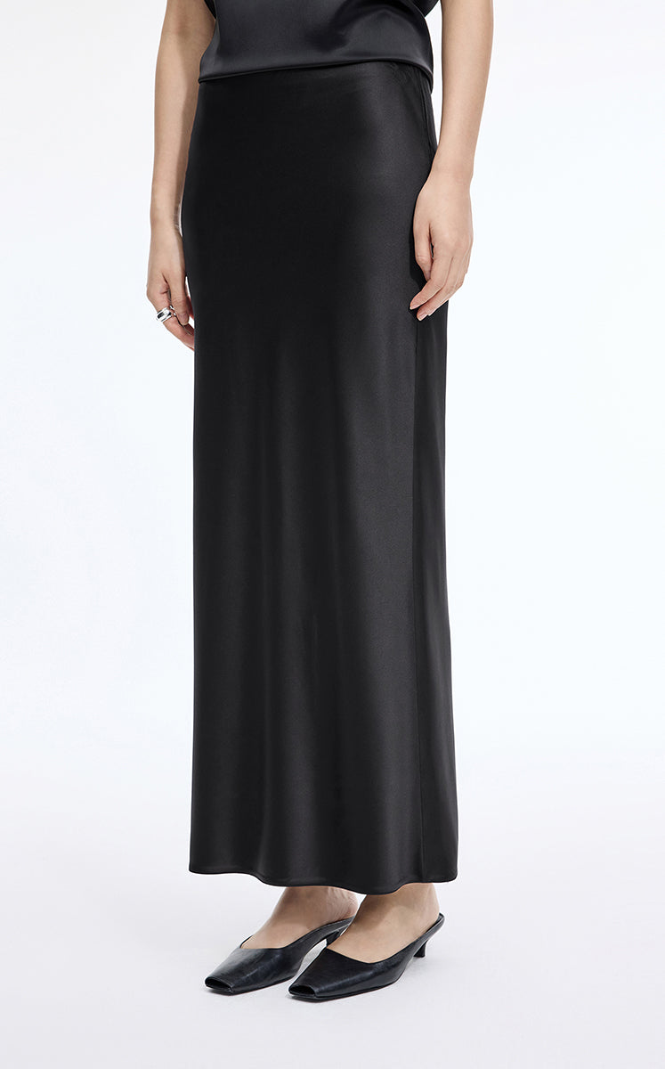 Skirt / JNBY Silk Satin Straight Maxi Skirt Black