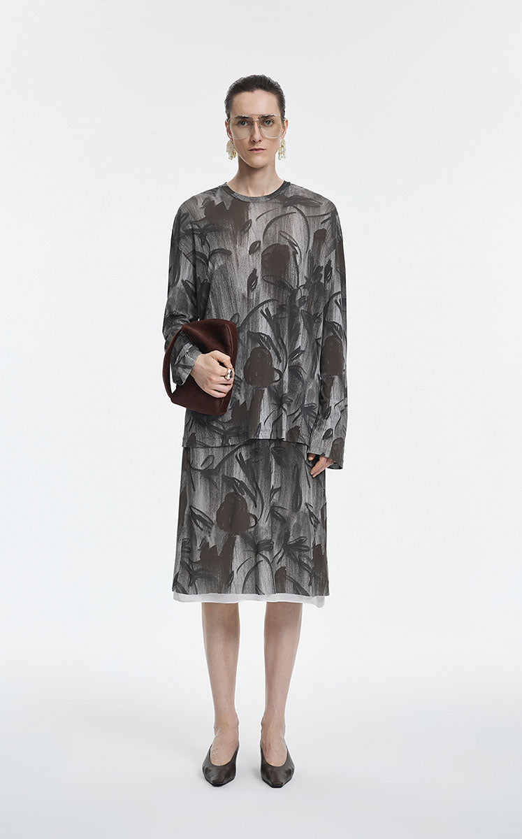 Skirt / JNBY Nylon Midi Skirt with Rose Shadow Print Grey