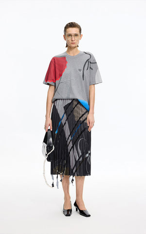 JNBY Pleated A-Line Midi Skirt with Abstract Print - Black - [view] -2