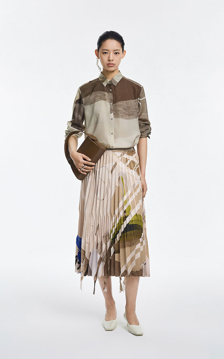 JNBY Pleated A-Line Midi Skirt with Abstract Print - Multicolor Khaki - [view] -1