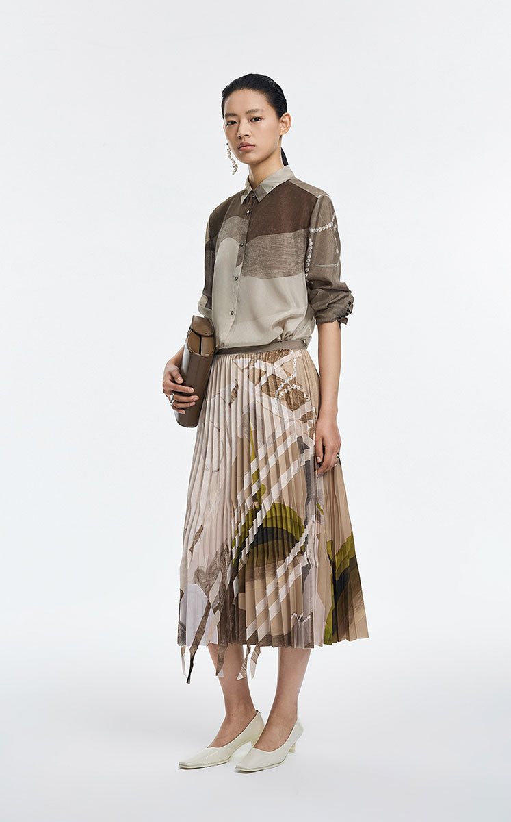 Skirt / JNBY Pleated A-Line Midi Skirt with Abstract Print
