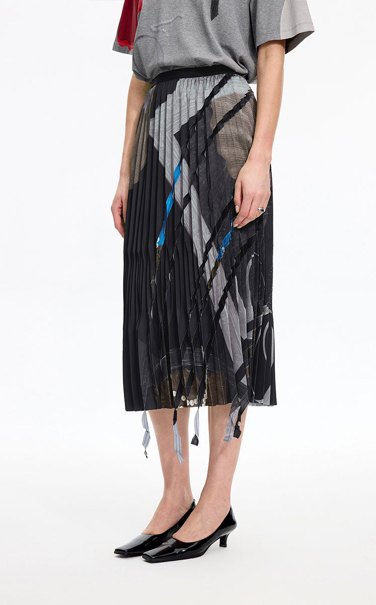 Skirt / JNBY Pleated A-Line Midi Skirt with Abstract Print