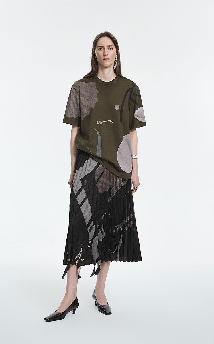 Skirt / JNBY Pleated A-Line Midi Skirt with Abstract Print