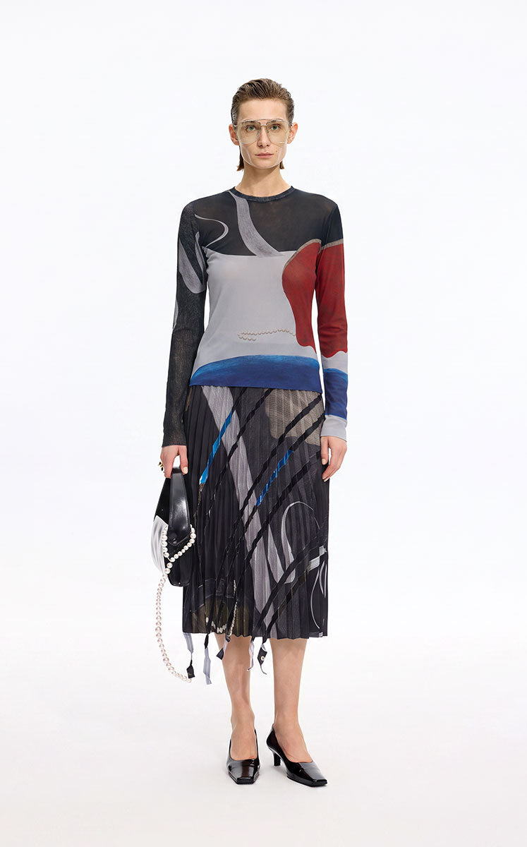 Skirt / JNBY Pleated A-Line Midi Skirt with Abstract Print