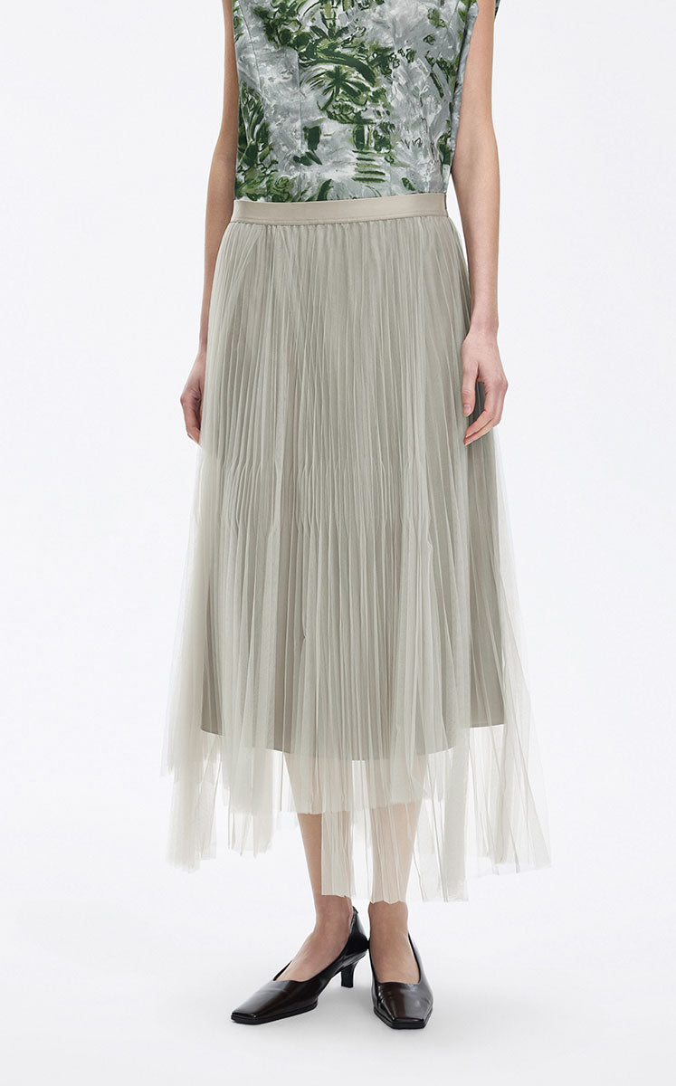 Skirt / JNBY Pleated Mesh A-Line Maxi Skirt Light Beige Grey