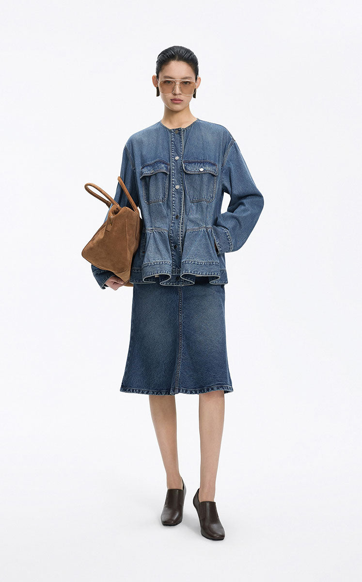 Skirt / JNBY Mid-Length Denim Flare Skirt Washed Denim Blue-1