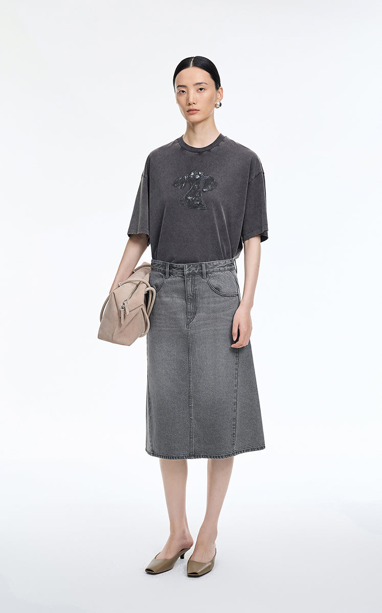 Skirt / JNBY Slight Stretch Mid-Length Denim Skirt Grey Denim-2