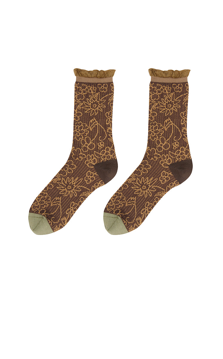 Socks / JNBY Floral Mid-Calf Socks Brown M