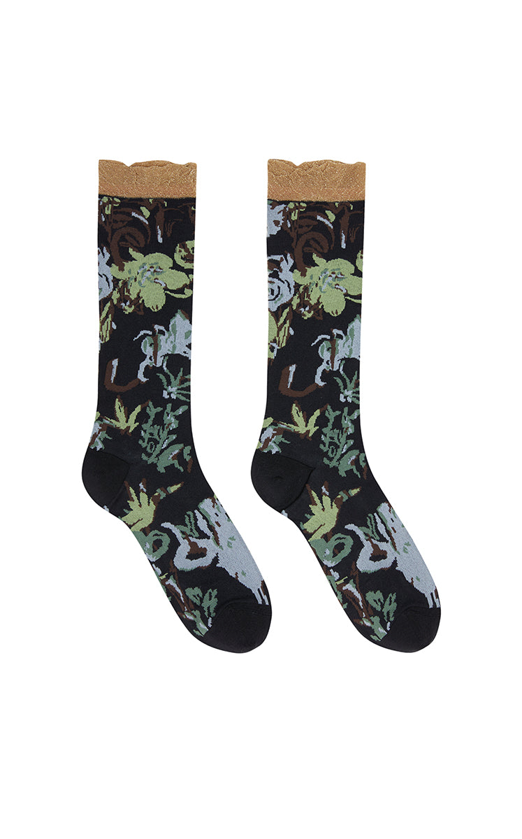 Socks / JNBY Floral High-Crew Socks Black Marl-1