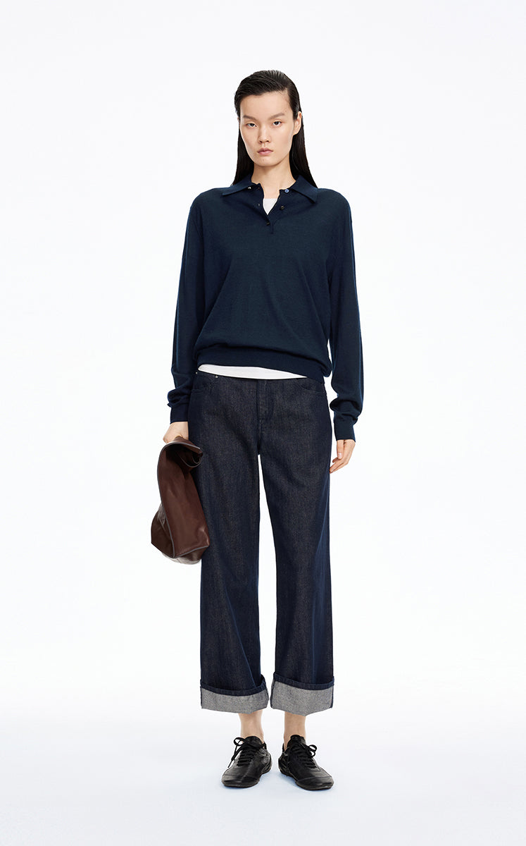 Sweater / JNBY H-Line Wool-Silk Cashmere Polo Knit Dark Blue